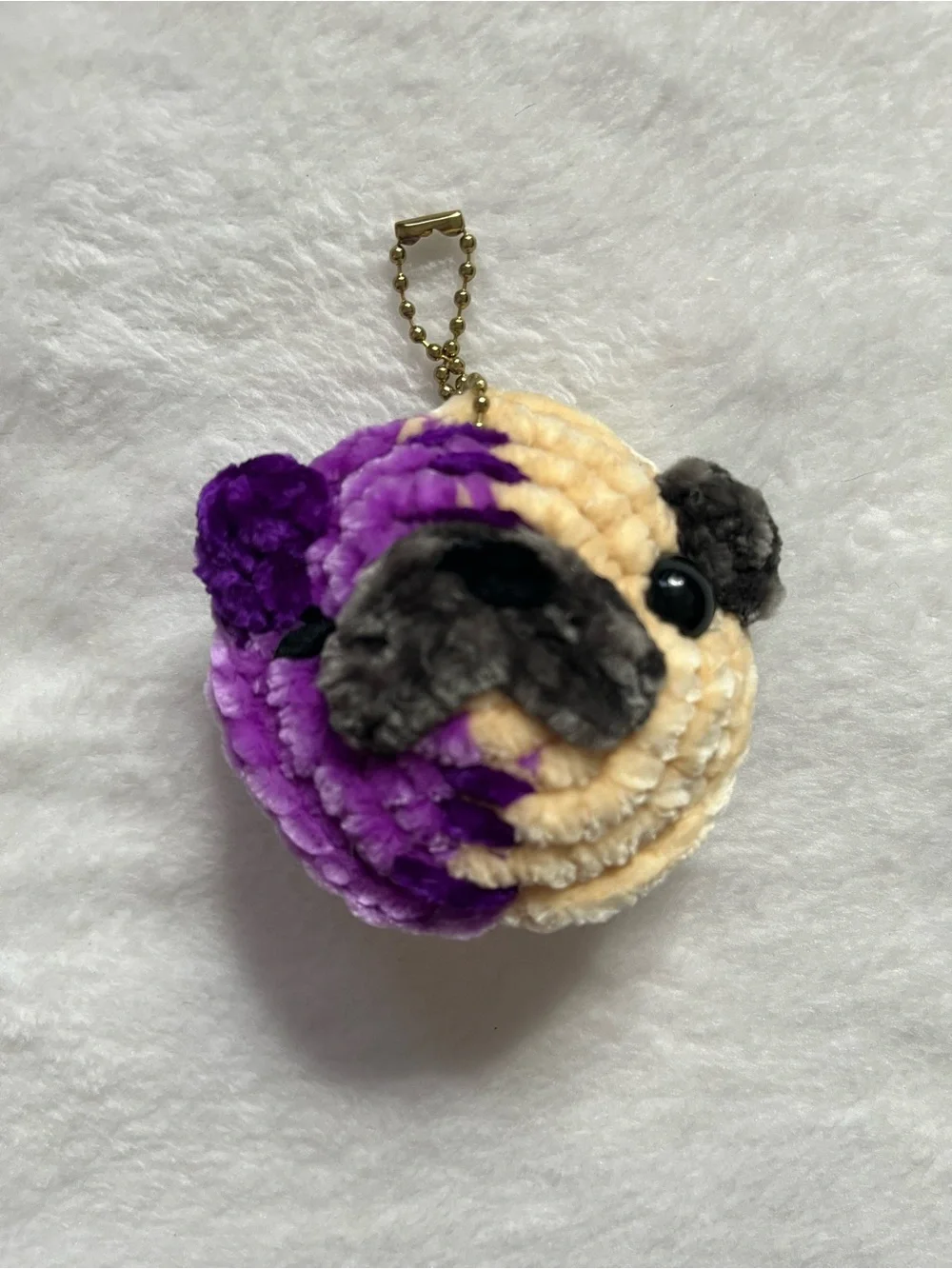Pug zombie half purple zombie w/ x eyes half fawn Pug Keychain handmade crochet